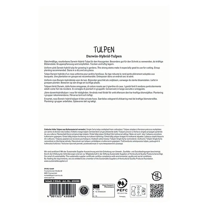 Sperli Blumenzwiebeln Darwin Hybrid Tulpe Van Eijk - Tulipa hybrids, Rosa, Rot, Anzahl Blumenzwiebeln: 5 Stk. - Verpackung für 5 rosafarbene Darwin-Hybrid-Tulpenzwiebeln mit Produktinfos und Zertifikaten.
