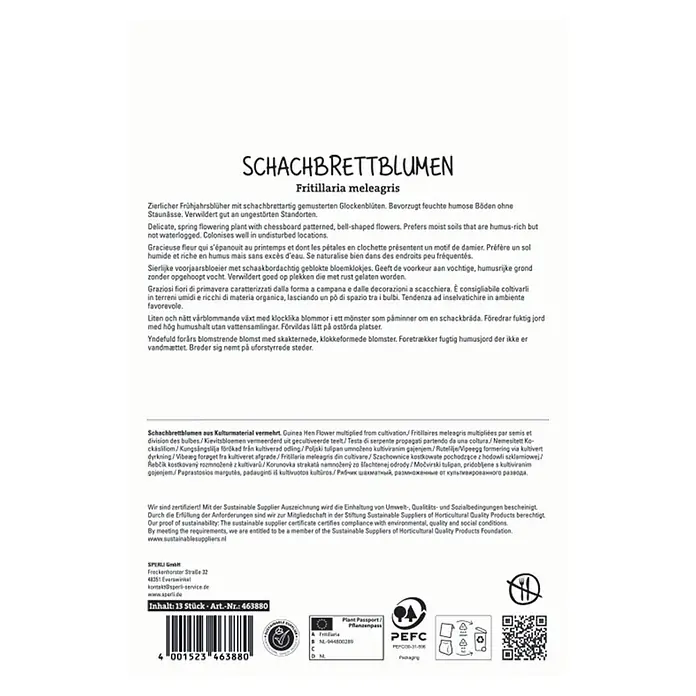 Sperli Blumenzwiebeln Schachbrettblume - Fritillaria meleagris, Violett, Weiß, Anzahl Blumenzwiebeln: 13 Stk. - Weißes Saatgutpäckchen für Fritillaria meleagris mit mehrsprachigem Text und Produktinformationen.