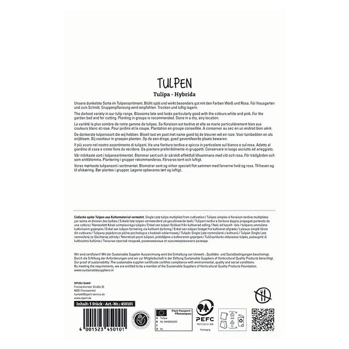 Sperli Blumenzwiebeln - Tulipa hybrids, Schwarzrot, Anzahl Blumenzwiebeln: 5 Stk. - Tulpenzwiebel-Verpackung mit mehrsprachigen Produktinformationen, Zertifizierungen und Barcode.