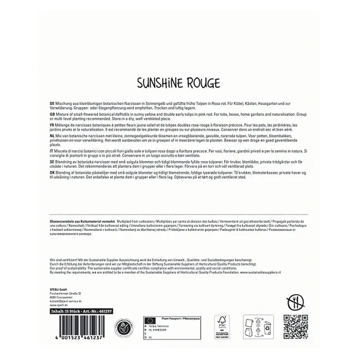 Sperli Blumenzwiebeln Sunshine Rouge Mix - Anzahl Blumenzwiebeln: 15 Stk., Gelb, Rosa - Verpackung für 'SUNSHINE ROUGE' Blumenzwiebeln mit Text zu botanischen Narzissen und frühen Tulpen, Barcode und Zertifizierungen.