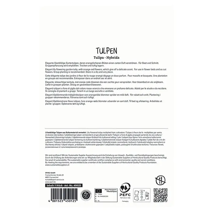 Sperli Tulpen Ballerina - Tulipa hybrids, Orange - Verpackung für 5 Tulpenzwiebeln mit Produktinformationen, Zertifizierungen und Barcode.