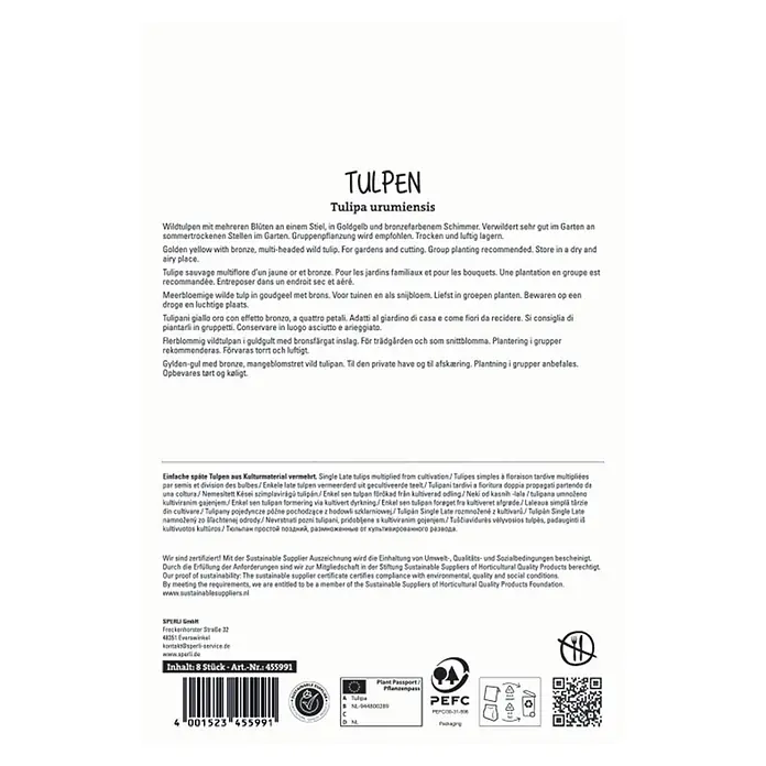 Sperli Blumenzwiebeln Wildtulpe Urumiensis - Tulipa urumiensis, Gelb/Bronze, 8 Stk. - Verpackung für 'Tulipa urumiensis' Wildtulpen, goldgelb-bronzefarben, 8 Stück. Mit Barcode und Logos.