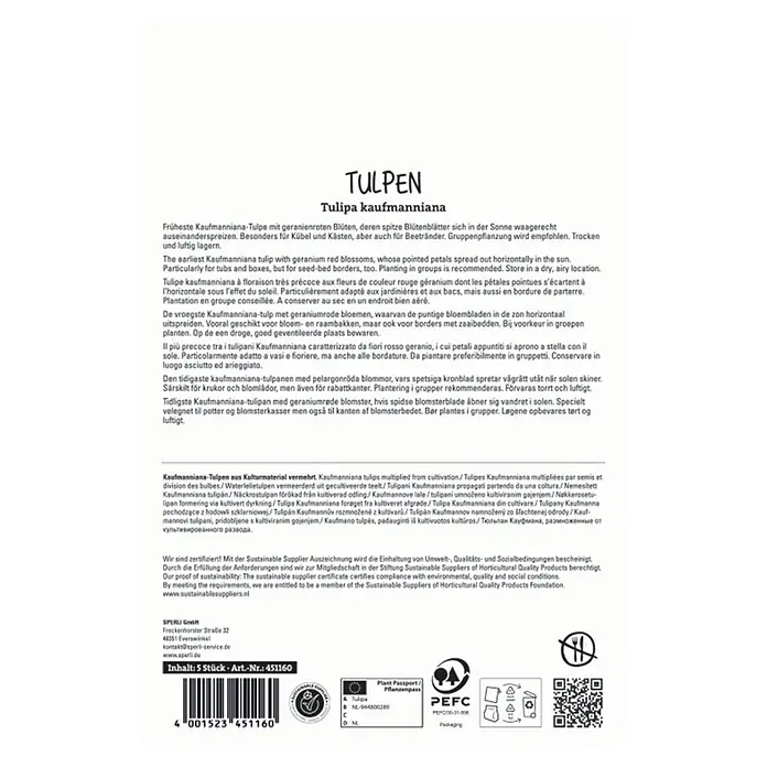 Sperli Blumenzwiebeln Scarlet Baby - Tulipa kaufmanniana, 5 Stk. - Produktetikett für 'Tulipa kaufmanniana' Tulpenzwiebeln mit Pflanzinformationen, Menge, Artikelnummer und Nachhaltigkeitszertifizierungen.