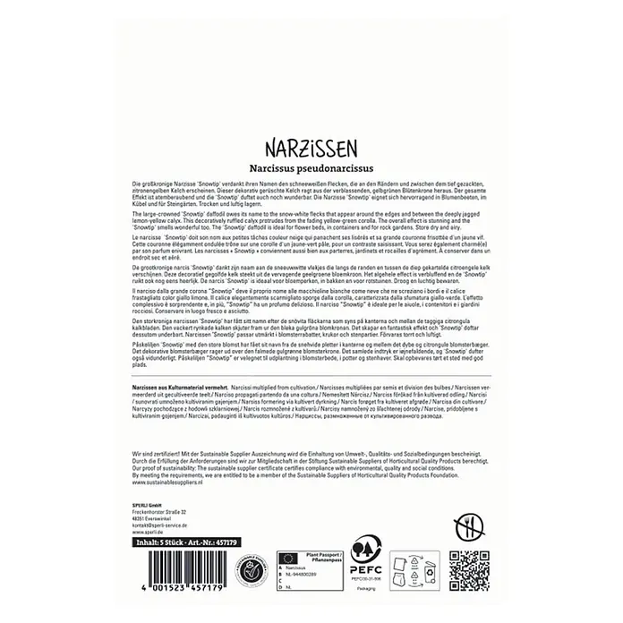 Sperli Blumenzwiebeln Narzisse Snowtip - Narcissus pseudonarcissus, Gelb, 5 Stk. - Verpackung für 'Snowtip' Narzissenzwiebeln mit Produktinformationen, Barcode und Zertifizierungssiegeln. Enthält 5 Stück.