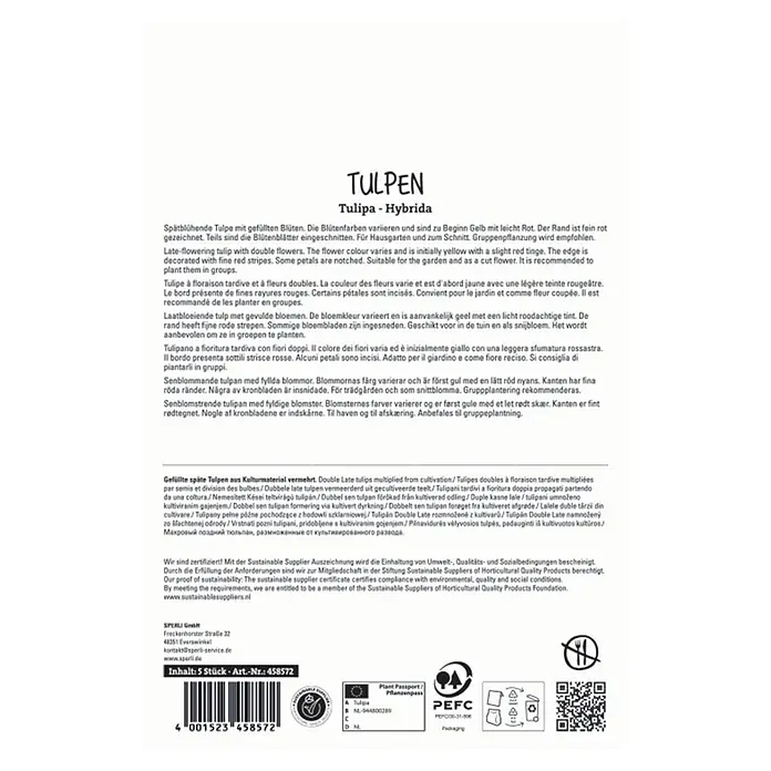 Sperli Tulpen Akebono - Tulipa hybrids, Gelb - Verpackung für 'Tulipa - Hybrida' Tulpenzwiebeln mit Produktdetails, Barcode und Zertifizierungen.