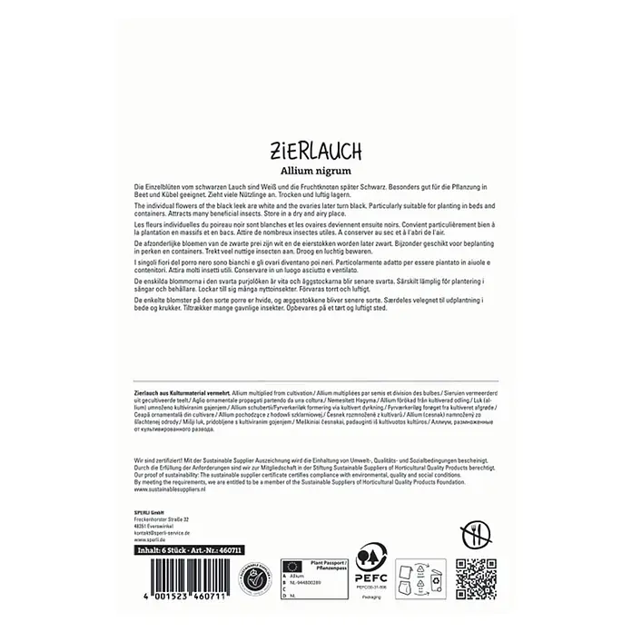 Sperli Blumenzwiebeln Zierlauch Allium Nigrum - Allium nigrum, Weiß, 6 Stk. - Samenpackung für Zierlauch Allium nigrum mit Produktinformationen, Barcode und verschiedenen Logos.