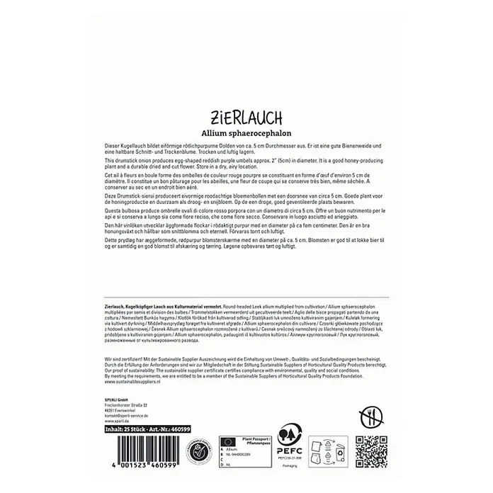 Sperli Blumenzwiebeln Zierlauch sphaerocephalon - Allium sphaerocephalon, Purpurrot, 25 Stk. - Produktetikett für Zierlauch (Allium sphaerocephalon) mit mehrsprachiger Pflanzenbeschreibung, Barcode, Pflanzenpass und Nachhaltigkeitszertifikaten.