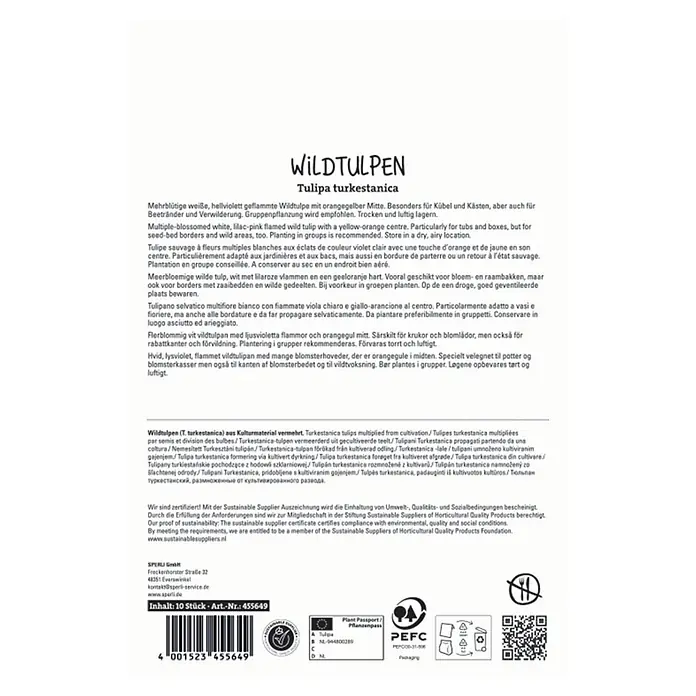 Sperli Blumenzwiebeln Wildtulpe Turkestanica - Tulipa turkestanica, Weiß, 10 Stk. - Produktetikett für 10 Wildtulpenzwiebeln (Tulipa turkestanica), weiß mit lila-rosa Flammen und orange-gelber Mitte.