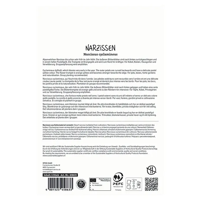 Sperli Narzissen Terry -  - Produktetikett für Narzissen (Narcissus cyclamineus) mit Produkt-, Anbau- und Zertifizierungsinformationen.