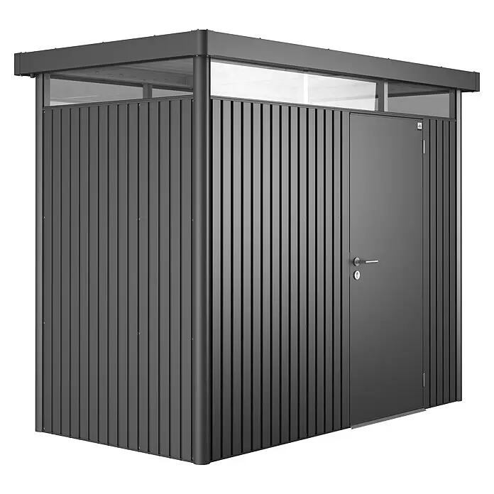 Biohort HighLine Gerätehaus HighLine H1 - Dunkelgrau Metallic, Einzeltür, Außenbreite inkl. Dachüberstand: 275 cm, Außentiefe inkl. Dachüberstand: 155 cm, Stahl - Diagonale Ansicht