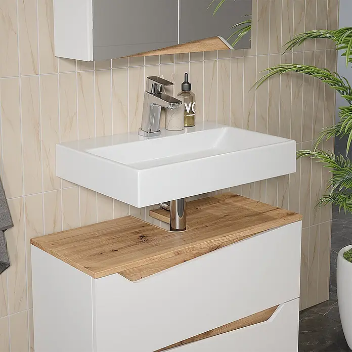 Vicco Badmöbel-Set Marelle Weiß 2 Teile - Weiß, Matt - Weißer Badunterschrank mit Holzplatte und integriertem Keramikwaschbecken, mit Chromarmatur. Kompaktes Design für moderne Bäder.