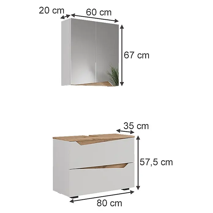 Vicco Badmöbel-Set Marelle Weiß 2 Teile - Weiß, Matt - Weißer Wandschrank mit drei Türen und passende Kommode mit Holzapplikationen.