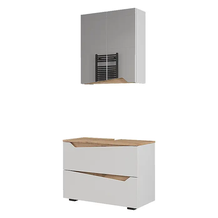 Vicco Badmöbel-Set Marelle Weiß 2 Teile - Weiß, Matt - Modernes Badmöbel-Set mit Spiegelschrank, der einen Handtuchwärmer reflektiert, und weißem Waschtischunterschrank mit Holzdetails.