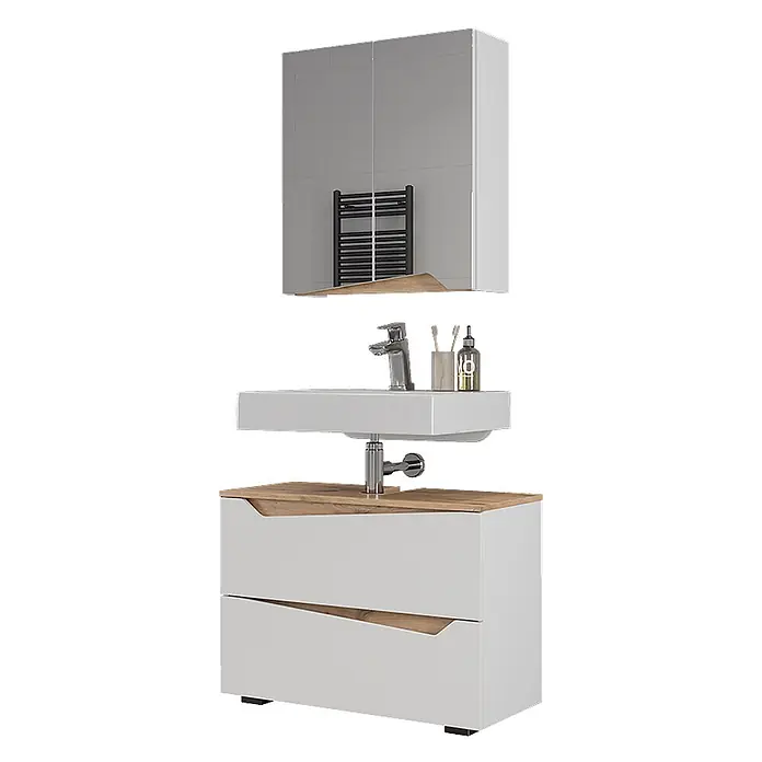 Vicco Badmöbel-Set Marelle Weiß 2 Teile - Weiß, Matt - Weißes Badezimmerset: Spiegelschrank, Waschbecken mit Armatur, 2-Schubladen-Unterschrank mit Holzdetails.