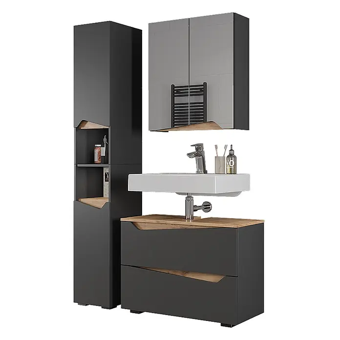 Vicco Badmöbel-Set Marelle Anthrazit 3 Teile mit Hochschrank - Anthrazit, Matt - Modernes Badmöbelset in Dunkelgrau und Holz mit Hochschrank, Waschtischunterschrank und Spiegelschrank.