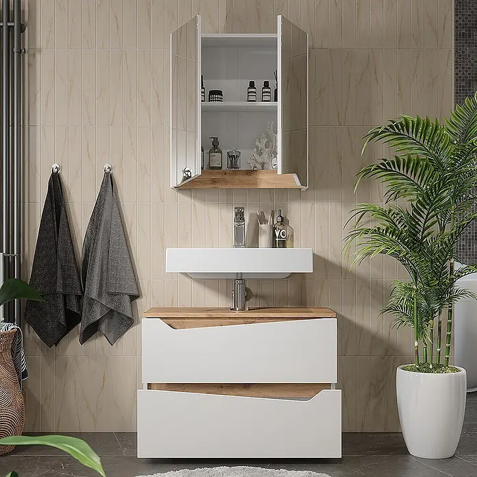 Vicco Badmöbel-Set Marelle Weiß 2 Teile - Weiß, Matt - Moderner Waschtisch aus Weiß und Holz mit Becken und passendem Spiegelschrank.