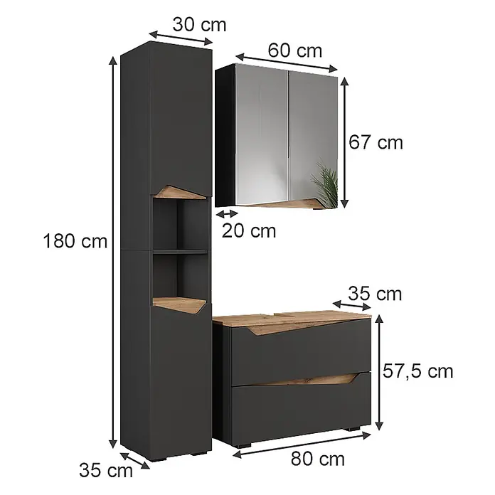 Vicco Badmöbel-Set Marelle Anthrazit 3 Teile mit Hochschrank - Anthrazit, Matt - Modernes dunkelgraues Möbelset mit Holzapplikationen: Hochschrank, Hängeschrank und Kommode.