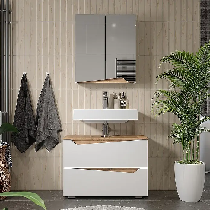Vicco Badmöbel-Set Marelle Weiß 2 Teile - Weiß, Matt - Modernes Badmöbel-Set mit weißen Schubladen, Holzdetails, weißem Waschbecken und Spiegelschrank.