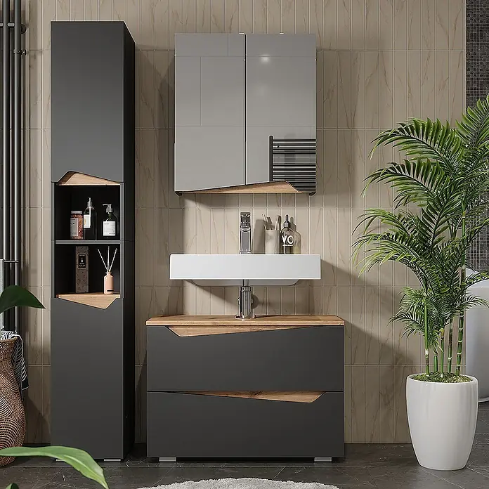 Vicco Badmöbel-Set Marelle Anthrazit 3 Teile mit Hochschrank - Anthrazit, Matt - Modernes dunkelgraues Badmöbel-Set mit Naturholz-Akzenten, bestehend aus Hochschrank, Waschtischunterschrank und Spiegelschrank.