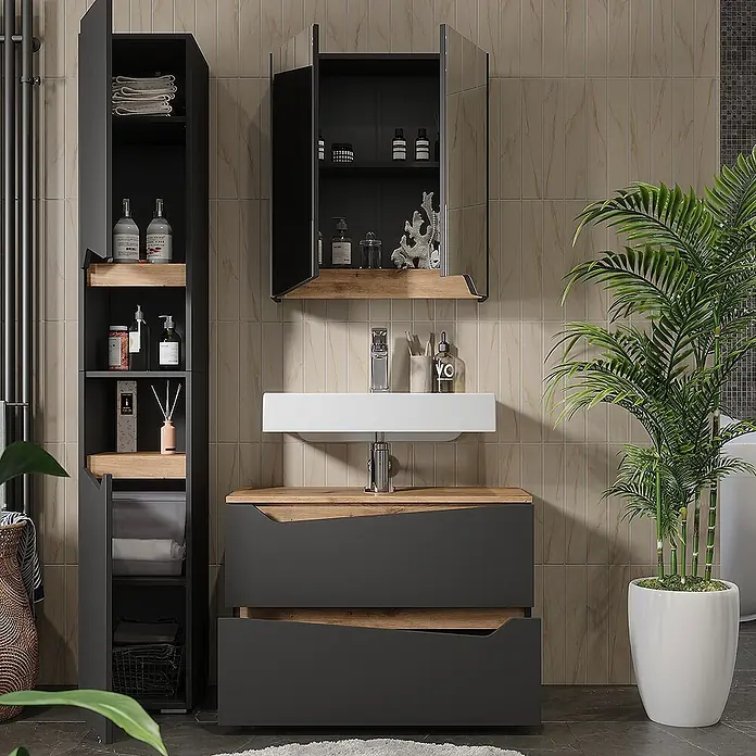 Vicco Badmöbel-Set Marelle Anthrazit 3 Teile mit Hochschrank - Anthrazit, Matt - Dunkelgraues Badmöbel-Set mit Holzdetails, hohem Schrank und Waschtischunterschrank mit zwei Schubladen. Weißes Keramikwaschbecken.