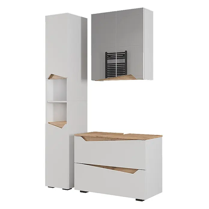 Vicco Badmöbel-Set Marelle Weiß 3 Teile mit Hochschrank - Weiß, Matt - Modernes Badmöbelset: heller Hochschrank, Waschtischunterschrank und Spiegelschrank in Grau/Weiß mit Holzoptik-Akzenten.