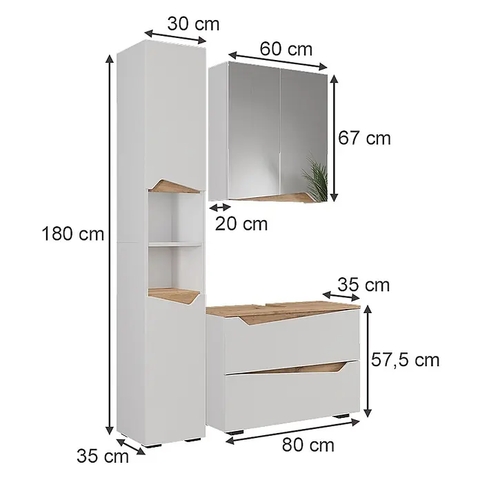 Vicco Badmöbel-Set Marelle Weiß 3 Teile mit Hochschrank - Weiß, Matt - Weißes modulares Möbelset mit Holzdetails, bestehend aus Hochschrank, Hängeschrank und Kommode, mit Maßen.