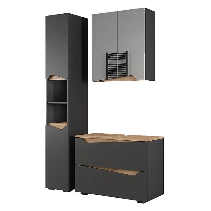 Vicco Badmöbel-Set Marelle Anthrazit 3 Teile mit Hochschrank - Anthrazit, Matt - Modernes dunkelgraues Badmöbel-Set mit hellen Eichenakzenten: Hochschrank, Waschtischunterschrank und Spiegelschrank.