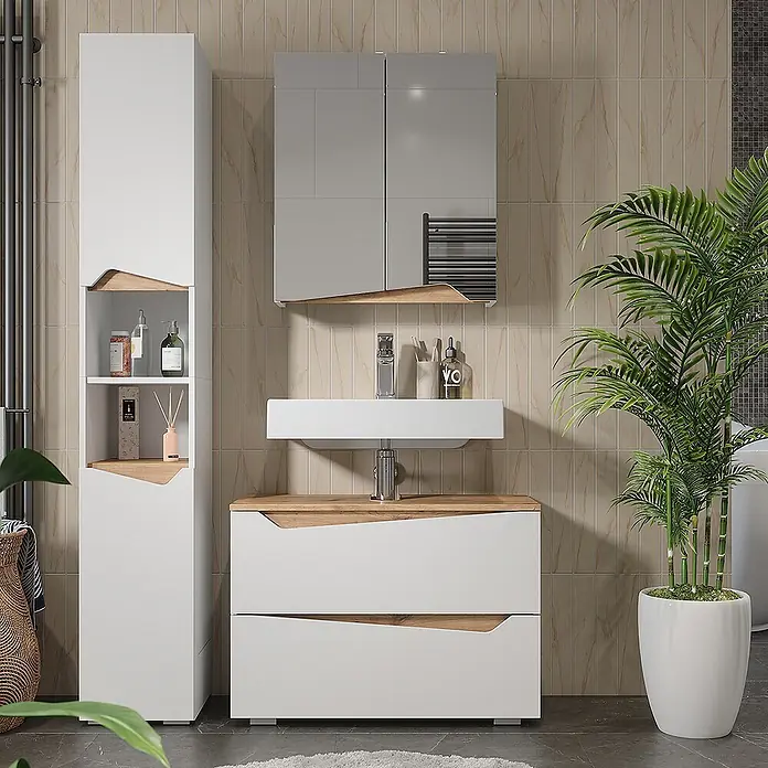 Vicco Badmöbel-Set Marelle Weiß 3 Teile mit Hochschrank - Weiß, Matt - Weißes Badmöbelset mit Holz-Akzenten, bestehend aus Hochschrank, Waschtisch mit Waschbecken und Spiegelschrank.