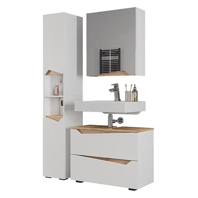 Vicco Badmöbel-Set Marelle Weiß 3 Teile mit Hochschrank - Weiß, Matt - Weißes Badmöbelset mit Holzdetails: Hochschrank, Spiegelschrank und Waschtischunterschrank mit integriertem Waschbecken.