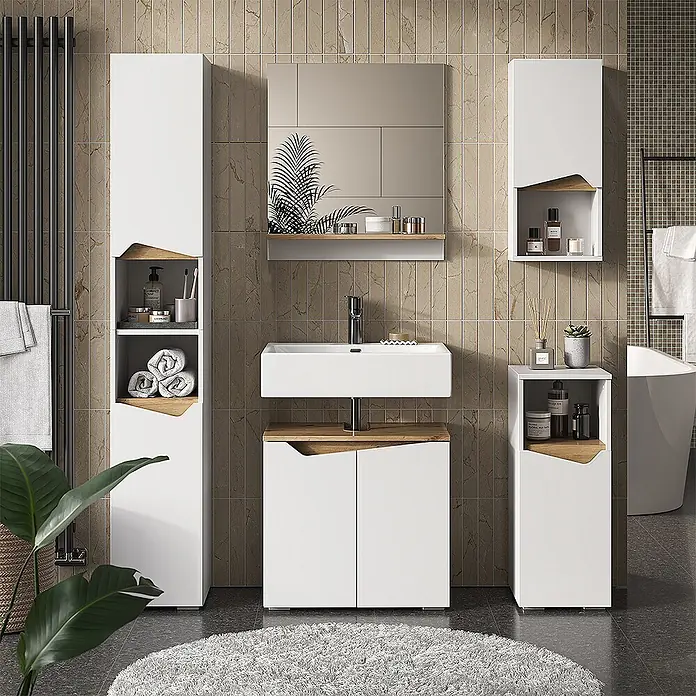 Vicco Badmöbel-Set Marelle Weiß 3 Teile mit Hochschrank - Weiß, Matt - Weißes modulares Badmöbelset mit Holz-Akzenten, bietet elegante Aufbewahrung für Toilettenartikel und Handtücher.