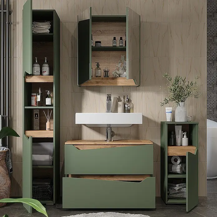 Vicco Badmöbel-Set Marelle Grün/Artisan 4 Teile - Grün, Matt - Grünes Badmöbelset mit Holzdetails, bestehend aus Waschtisch, Hochschrank, Spiegelschrank und kleinem Unterschrank.