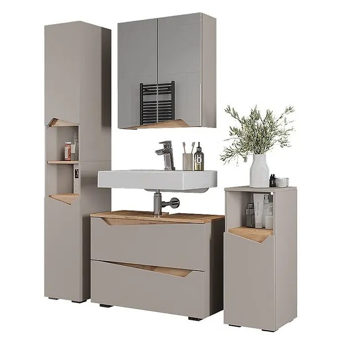 Vicco Badmöbel-Set Marelle Greige 4 Teile - Greige, Matt - Hellgraues Badmöbel-Set mit Holzdetails: Hochschrank, Waschtischunterschrank, Spiegelschrank und Beistellschrank.