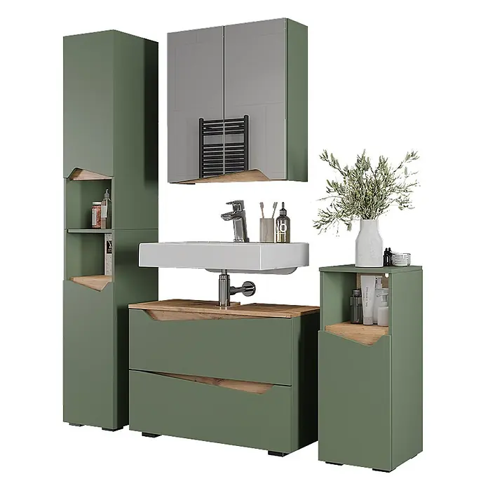 Vicco Badmöbel-Set Marelle Grün/Artisan 4 Teile - Grün, Matt - Modernes Badmöbelset: grüne Waschtischkombination, Spiegelschrank und Aufbewahrungsschränke mit Holzdetails.