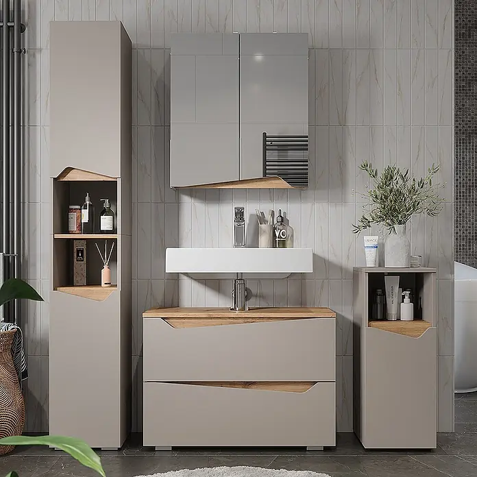 Vicco Badmöbel-Set Marelle Greige 4 Teile - Greige, Matt - Beiges Badezimmermöbel-Set mit Holzdetails, bestehend aus Hochschrank, Waschtisch, Spiegelschrank und Beistellschrank.
