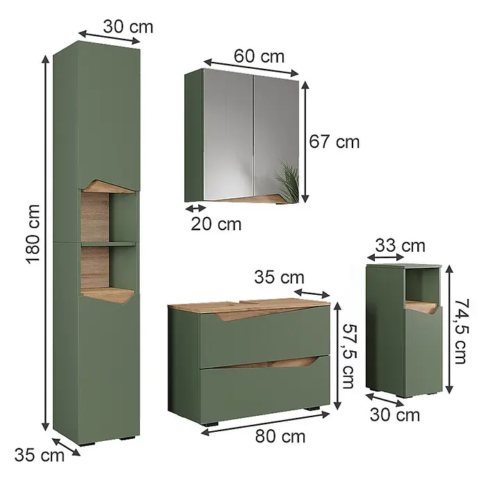 Vicco Badmöbel-Set Marelle Grün/Artisan 4 Teile - Grün, Matt - Grünes und Holz-Badezimmermöbelset mit Hochschrank, Spiegelschrank, Waschtischunterschrank und Beistellschrank, Maße anzeigend.