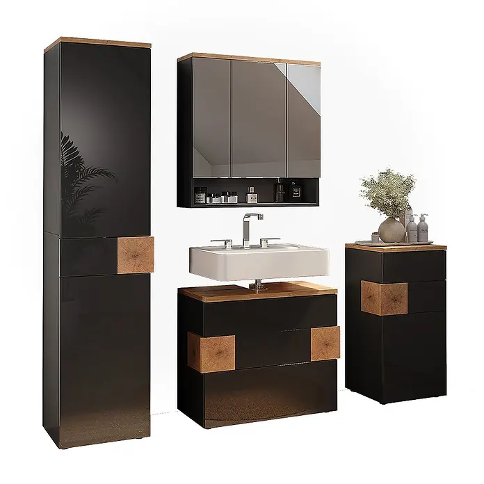 Vicco Badmöbel-Set Eden Anthrazit 4 Teile - Anthrazit, Glänzend - Glanzschwarzes Badmöbel-Set mit Holzplatten & Akzenten: Hochschrank, Waschtisch, Spiegelschrank, Beistellschrank.