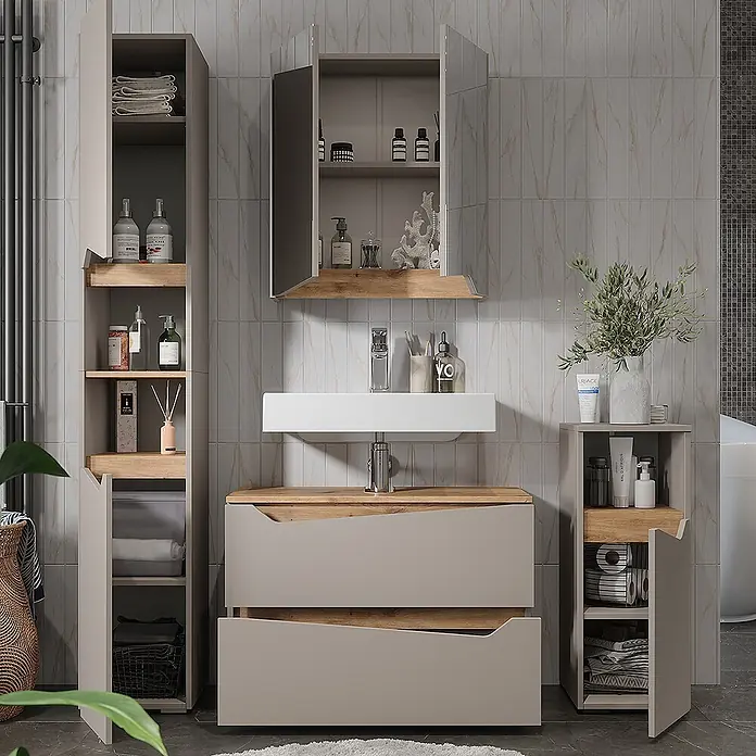 Vicco Badmöbel-Set Marelle Greige 4 Teile - Greige, Matt - Modernes Badmöbelset in Taupe mit Holzdetails, Waschtisch, Spiegelschrank und Stauraumschränken.