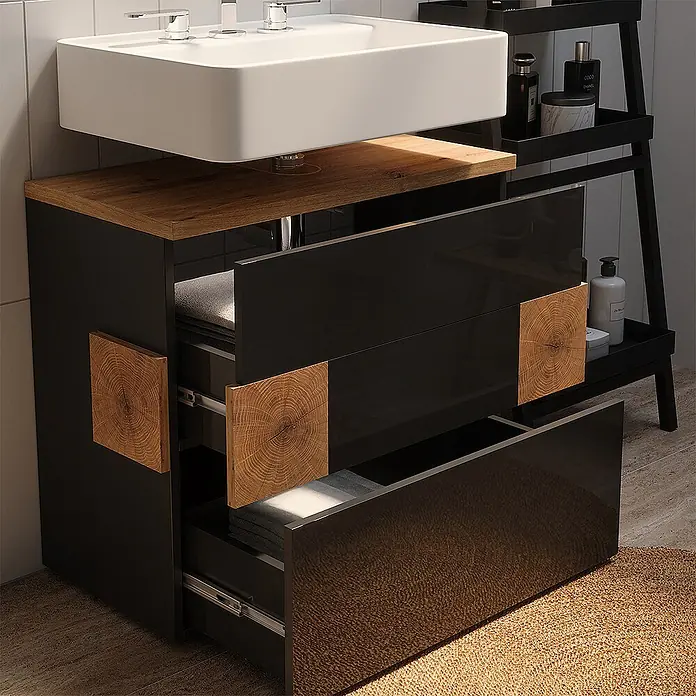 Vicco Badmöbel-Set Eden Anthrazit 2 Teile - Anthrazit, Glänzend - Schwarzer Badschrank mit Holzdetails, weißem Waschbecken und geöffneten Schubladen mit Handtüchern.