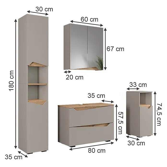 Vicco Badmöbel-Set Marelle Greige 4 Teile - Greige, Matt - Modernes Badmöbel-Set in Grau- und Holzoptik, bestehend aus Hoch-, Wand-, Waschbecken- und Beistellschrank, mit Maßen.