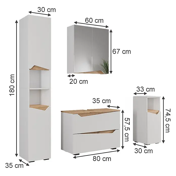 Vicco Badmöbel-Set Marelle Weiß 4 Teile - Weiß, Matt - Set aus weißen und holzfarbenen Möbeln mit verschiedenen Schränken und einer Kommode, inklusive Maßen.