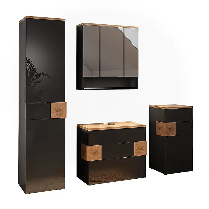 Vicco Badmöbel-Set Eden Anthrazit 4 Teile - Anthrazit, Glänzend - Modernes hochglänzendes dunkelgraues Badmöbelset mit hellen Holzplatten und kubischen Holzakzenten, bestehend aus Hochschrank, Wandschrank und Waschtischunterschrank.