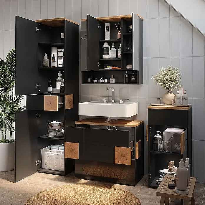Vicco Badmöbel-Set Eden Anthrazit 4 Teile - Anthrazit, Glänzend - Schwarzes Badmöbel-Set mit Holzdetails, bestehend aus Waschtisch, Spiegelschrank und verschiedenen Aufbewahrungseinheiten.