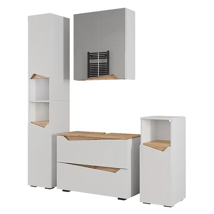 Vicco Badmöbel-Set Marelle Weiß 4 Teile - Weiß, Matt - Modernes weißes Badmöbelset mit Akzenten aus Naturholz, bestehend aus Hochschrank, Spiegelschrank, Waschtischunterschrank und Beistellschrank.