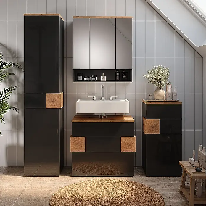 Vicco Badmöbel-Set Eden Anthrazit 2 Teile - Anthrazit, Glänzend - Glänzendes schwarzes Badezimmermöbelset mit Naturholz-Akzenten: Hochschrank, Waschtisch mit Waschbecken und Unterschrank.