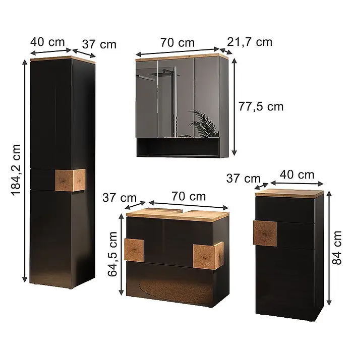 Vicco Badmöbel-Set Eden Anthrazit 4 Teile - Anthrazit, Glänzend - Badezimmermöbelset in Schwarz Hochglanz mit Holzplatten und Akzenten, bestehend aus Hochschrank, Spiegelschrank, Doppelwaschtischunterschrank und schmalem Schrank.