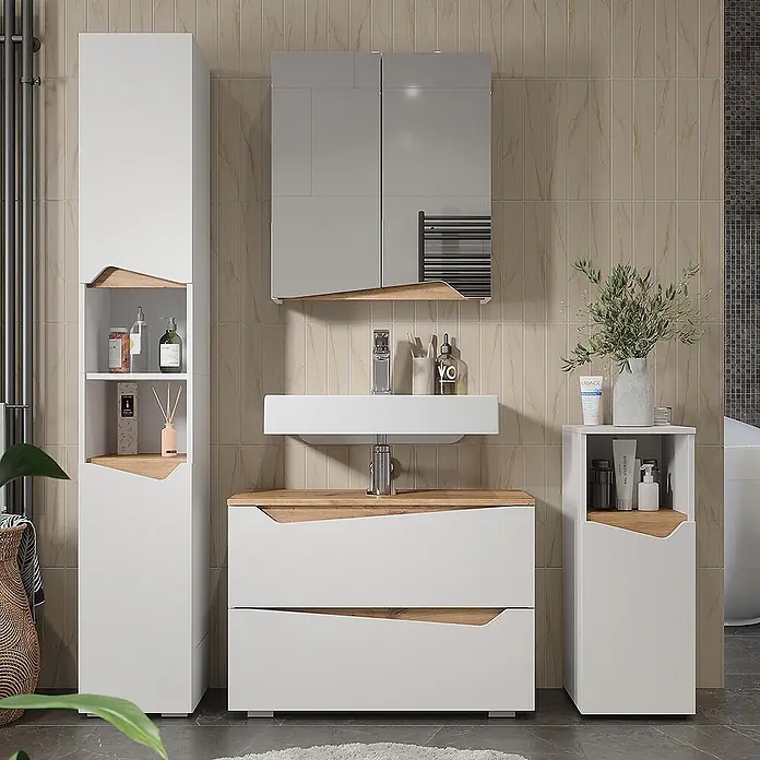 Vicco Badmöbel-Set Marelle Weiß 4 Teile - Weiß, Matt - Modernes weißes Badmöbelset mit Holzdetails, bestehend aus Hochschrank, Waschtischunterschrank, Spiegelschrank und Beistellschrank.