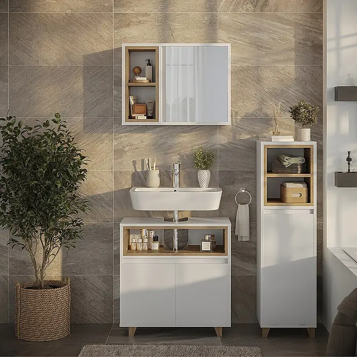 Vicco Badmöbel-Set Elnor Weiß/Eiche 3 Teile mit Midischrank - Weiß, Matt - Eine moderne weiße Badmöbelkombination mit integriertem Waschbecken, passendem Spiegelschrank und hohem Schrank mit Holzoptik-Akzenten.