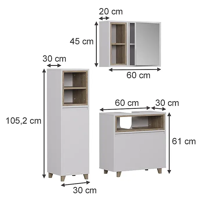 Vicco Badmöbel-Set Elnor Weiß/Eiche 3 Teile mit Midischrank - Weiß, Matt - Set aus drei weiß-eichenfarbenen Schränken mit Maßen: Hochschrank, Wandschrank und Waschtischunterschrank.