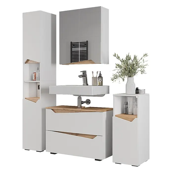 Vicco Badmöbel-Set Marelle Weiß 4 Teile - Weiß, Matt - Weißes Badezimmermöbel-Set mit hellen Holzakzenten, bestehend aus Waschtischunterschrank, Hochschrank, Beistellschrank und Spiegelschrank.