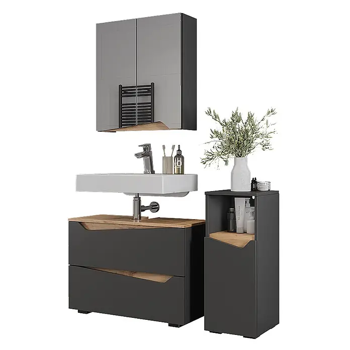 Vicco Badmöbel-Set Marelle Anthrazit 3 Teile mit Midischrank - Anthrazit, Matt - Modernes Badmöbel-Set mit dunkelgrauen Schränken, hellen Holzakzenten, weißem Waschbecken und Spiegelschrank.